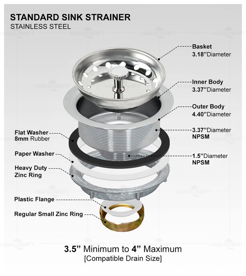 Highcraft 9733 Kitchen Sink (3-1/2'' Inch) Stainless Steel Drain Assembly With Strainer Basket-and Rubber Stopper, 3.5 - Image 5